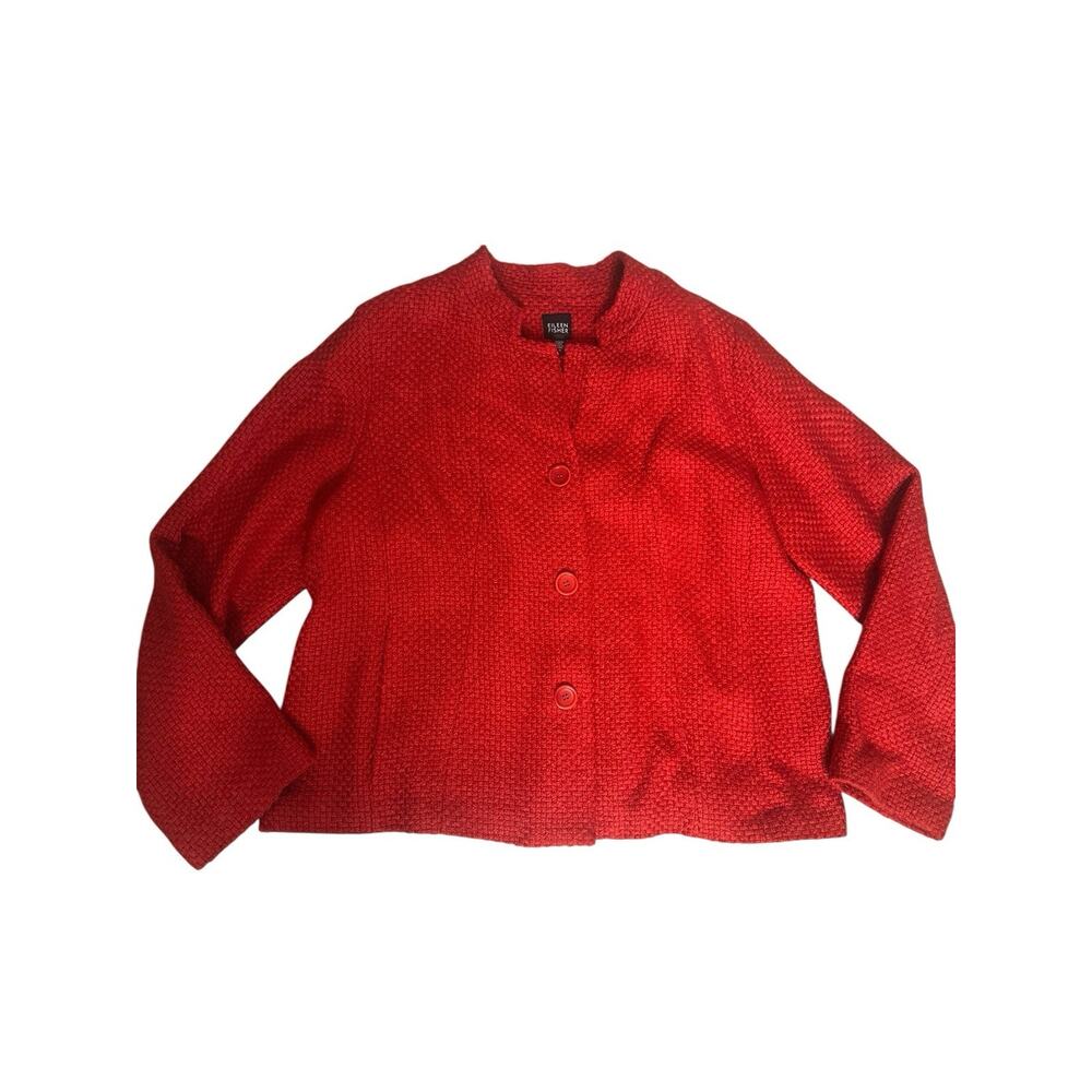 Eileen Fisher Tweed Woven Wool Blend Tomato Red XL Jacket Career Classic Pockets